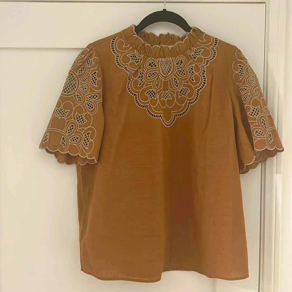 Sezane Brown Blouse with Intricate Lace Detail